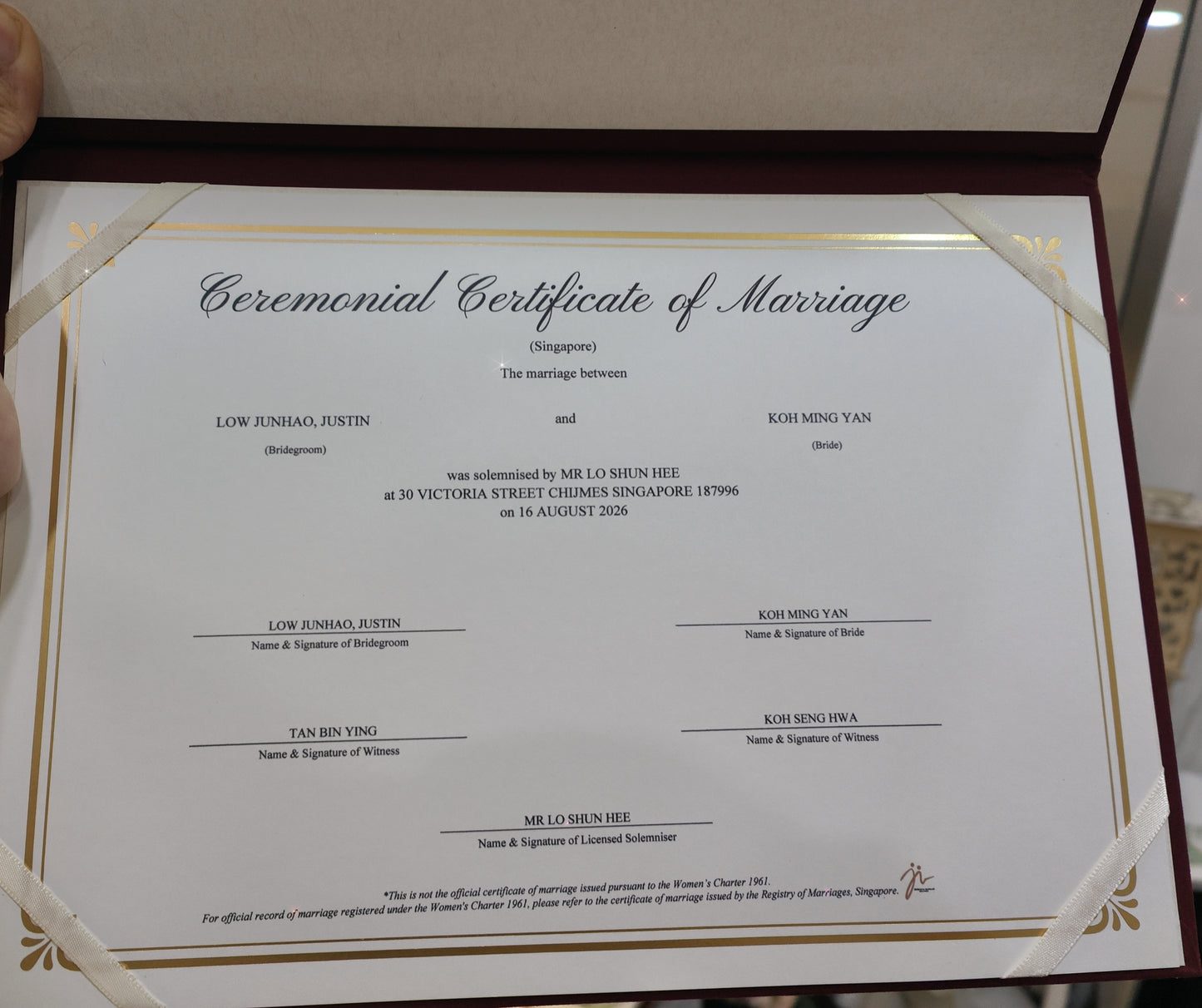 Burgundy Wedding / ROM / Marriage Certificate Holder with personalised printing