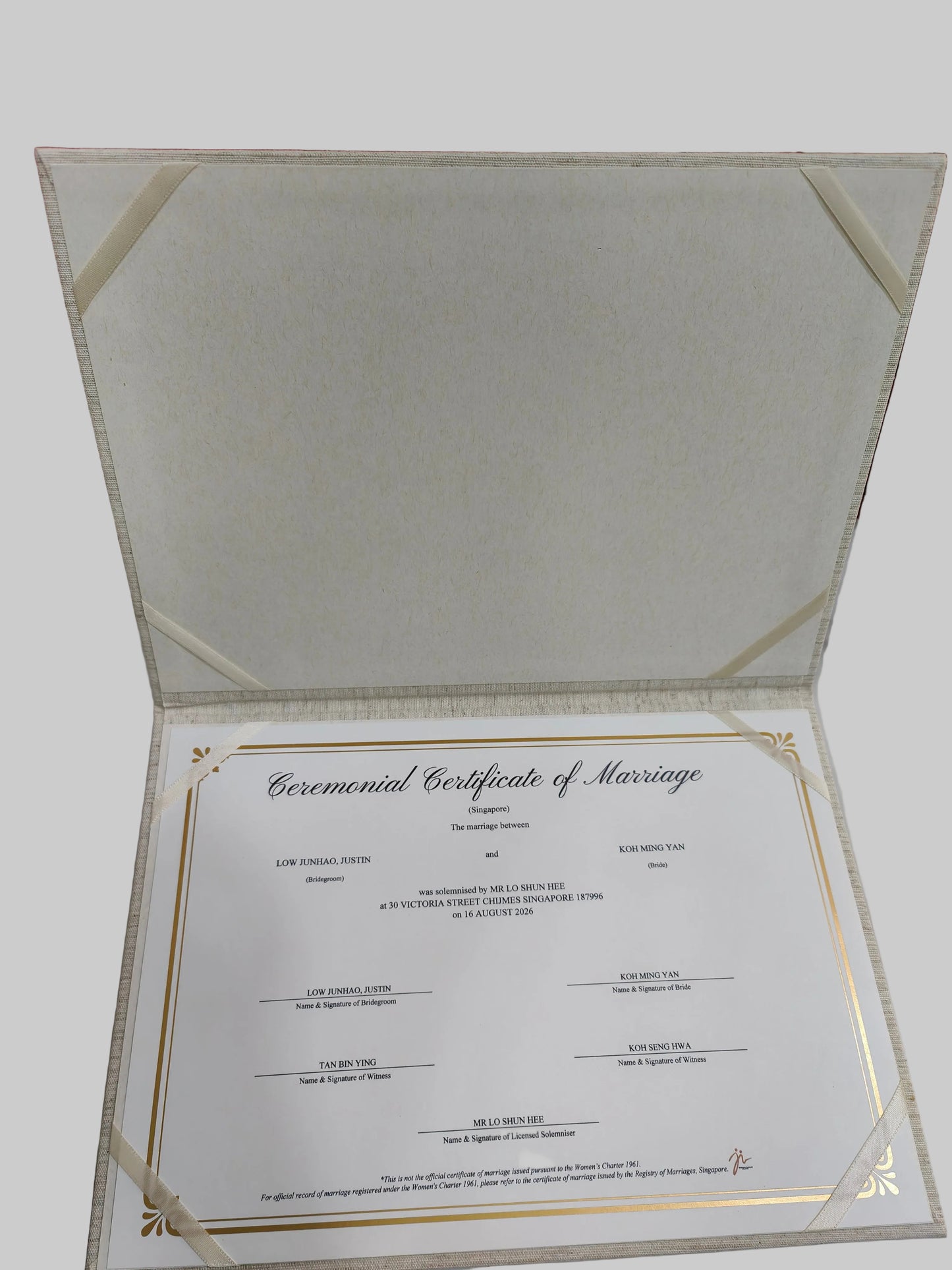 Linen Wedding / ROM / Marriage Certificate Holder with personalised printing