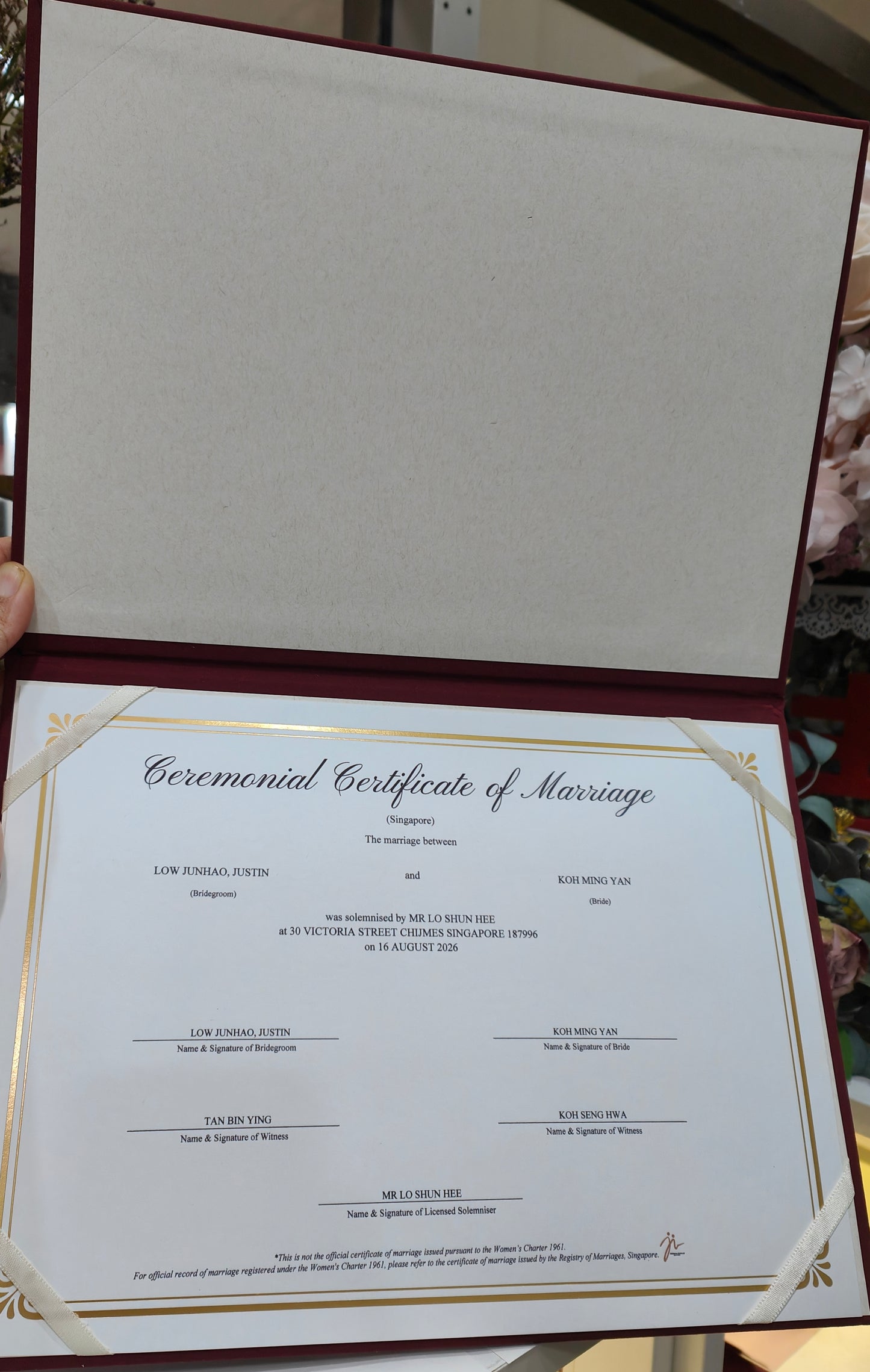 Burgundy Wedding / ROM / Marriage Certificate Holder with personalised printing